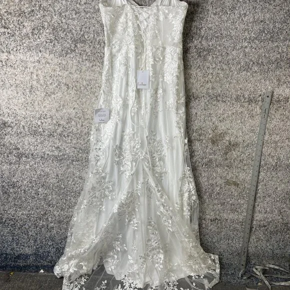 Lulus Wedding Dress Womens Large White Lace Maxi Gown Bridal Corset Back‎ Train - Picture 8 of 13